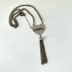 Bebe silver tone rhinestone heart and chain tassel necklace